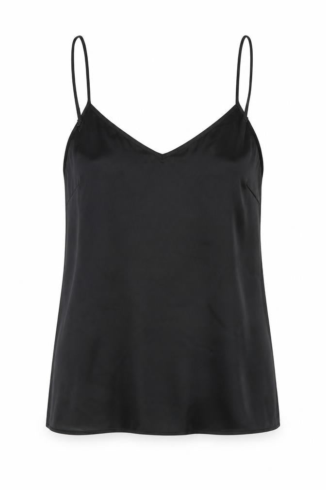 Front view of Marks & Spencer women’s black polyester camisole blouse, size UK 6, v-neck