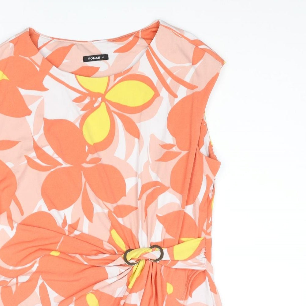 Roman Womens Orange Floral Polyester Camisole Blouse Size 12 Round Neck - Buckle
