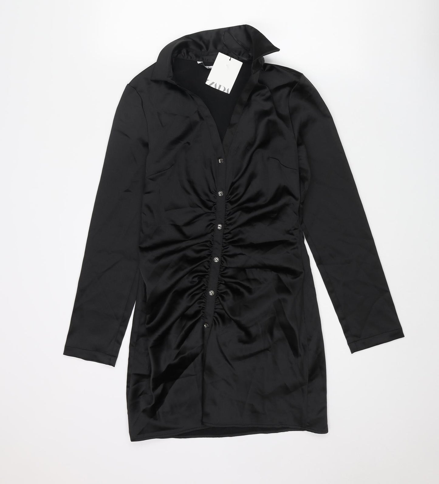 Zara Womens Black Polyester Bodycon Size S Collared Zip - Shirt