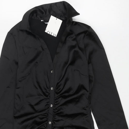 Zara Womens Black Polyester Bodycon Size S Collared Zip - Shirt
