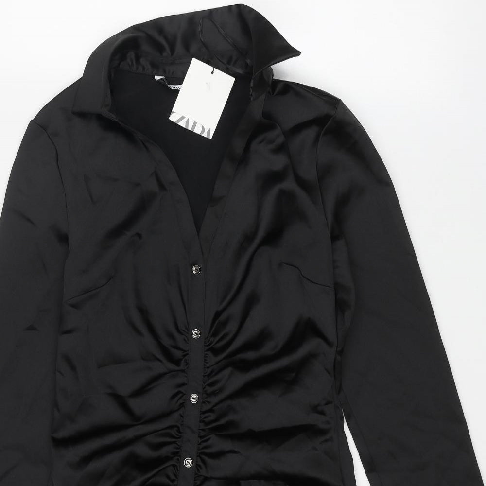 Zara Womens Black Polyester Bodycon Size S Collared Zip - Shirt