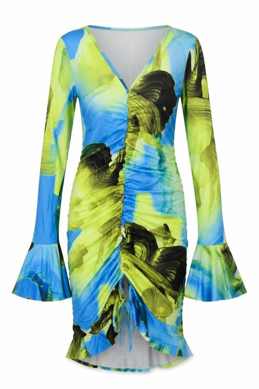 Front view of PRETTYLITTLETHING women’s multicoloured geometric polyester bodycon, size UK 8, v-neck pullover - rouched frill