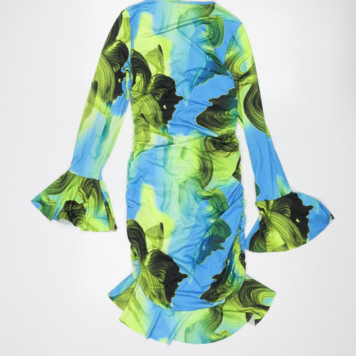 PRETTYLITTLETHING Womens Multicoloured Geometric Polyester Bodycon Size 8 V-Neck Pullover - Rouched Frill