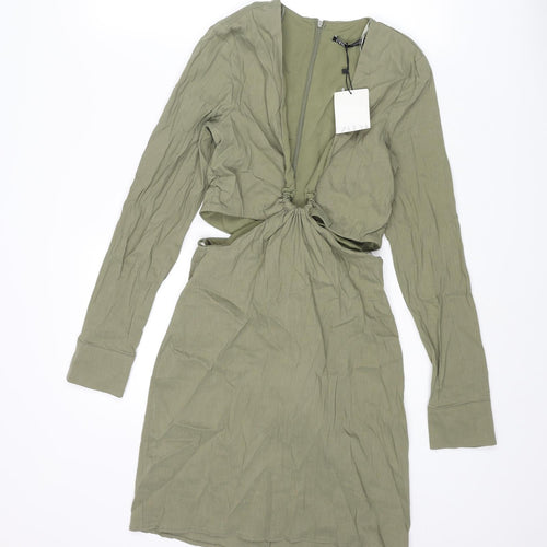 Zara Womens Green Linen Bodycon Size S V-Neck Zip - Cut Out Rouched
