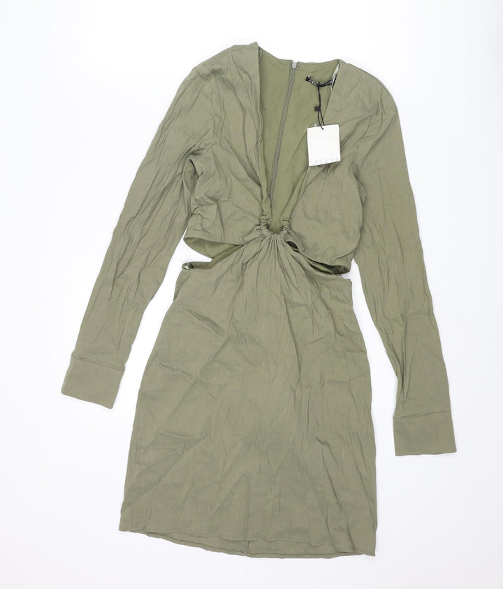 Zara Womens Green Linen Bodycon Size S V-Neck Zip - Cut Out Rouched
