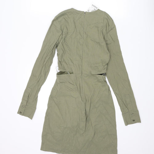 Zara Womens Green Linen Bodycon Size S V-Neck Zip - Cut Out Rouched