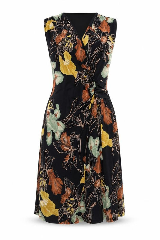 Front view of Marisa & Marie women’s black floral polyester wrap dress, size L, v-neck pullover