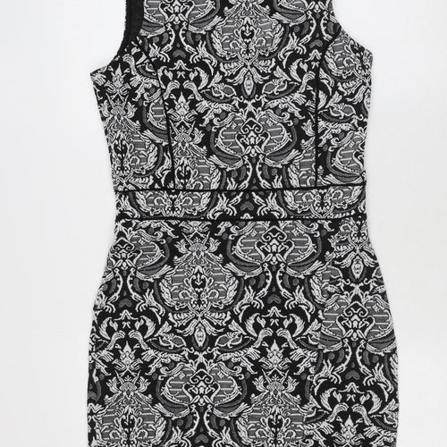 Miss Selfridge Womens Black Geometric Polyester Pencil Dress Size 10 Mock Neck Hook & Eye