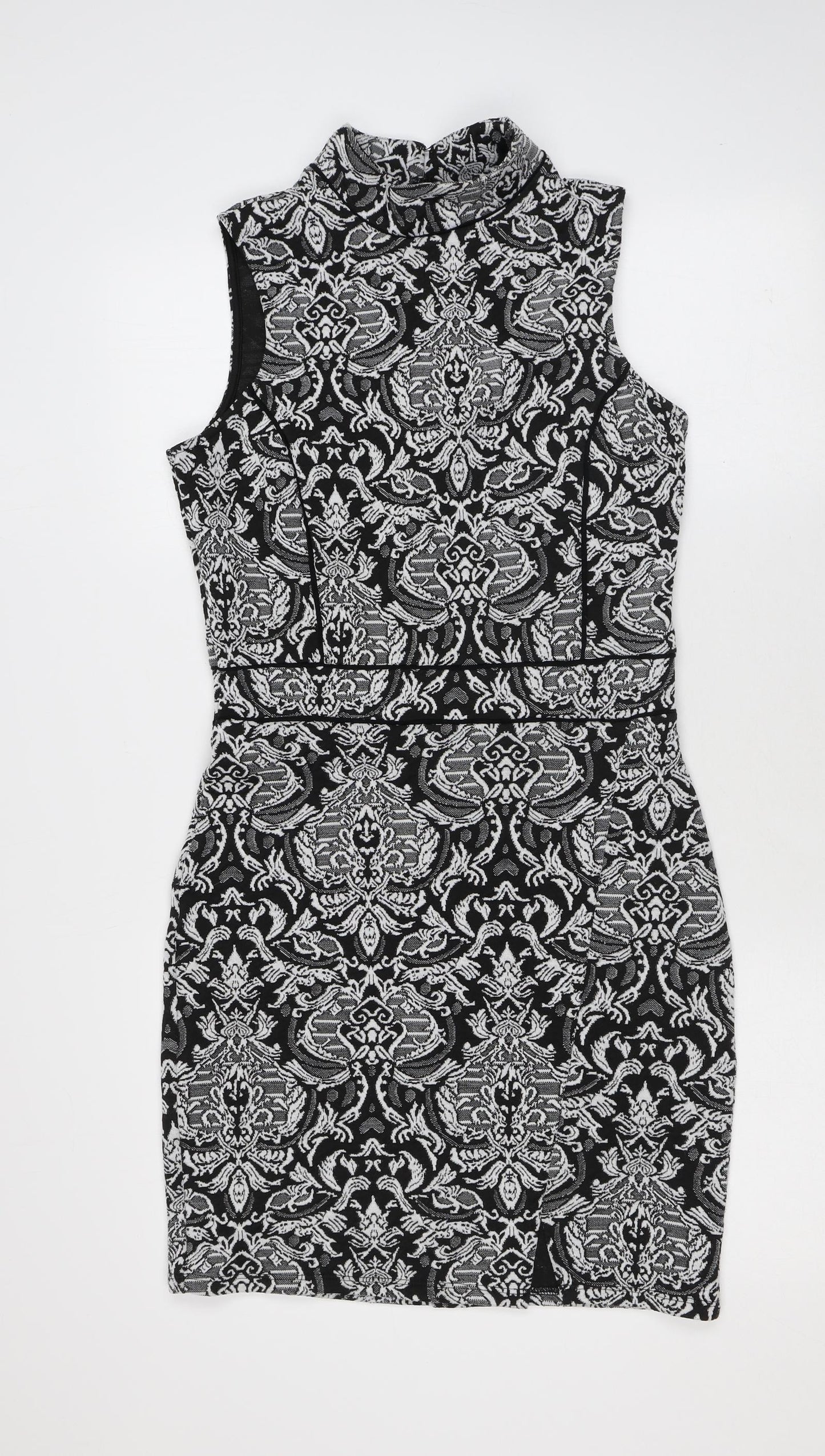 Miss Selfridge Womens Black Geometric Polyester Pencil Dress Size 10 Mock Neck Hook & Eye