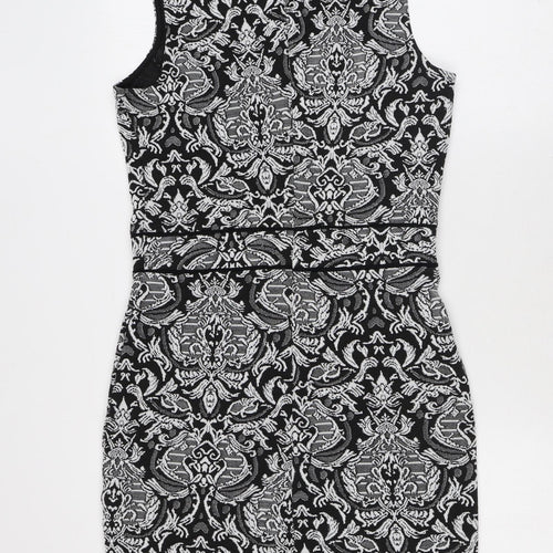 Miss Selfridge Womens Black Geometric Polyester Pencil Dress Size 10 Mock Neck Hook & Eye