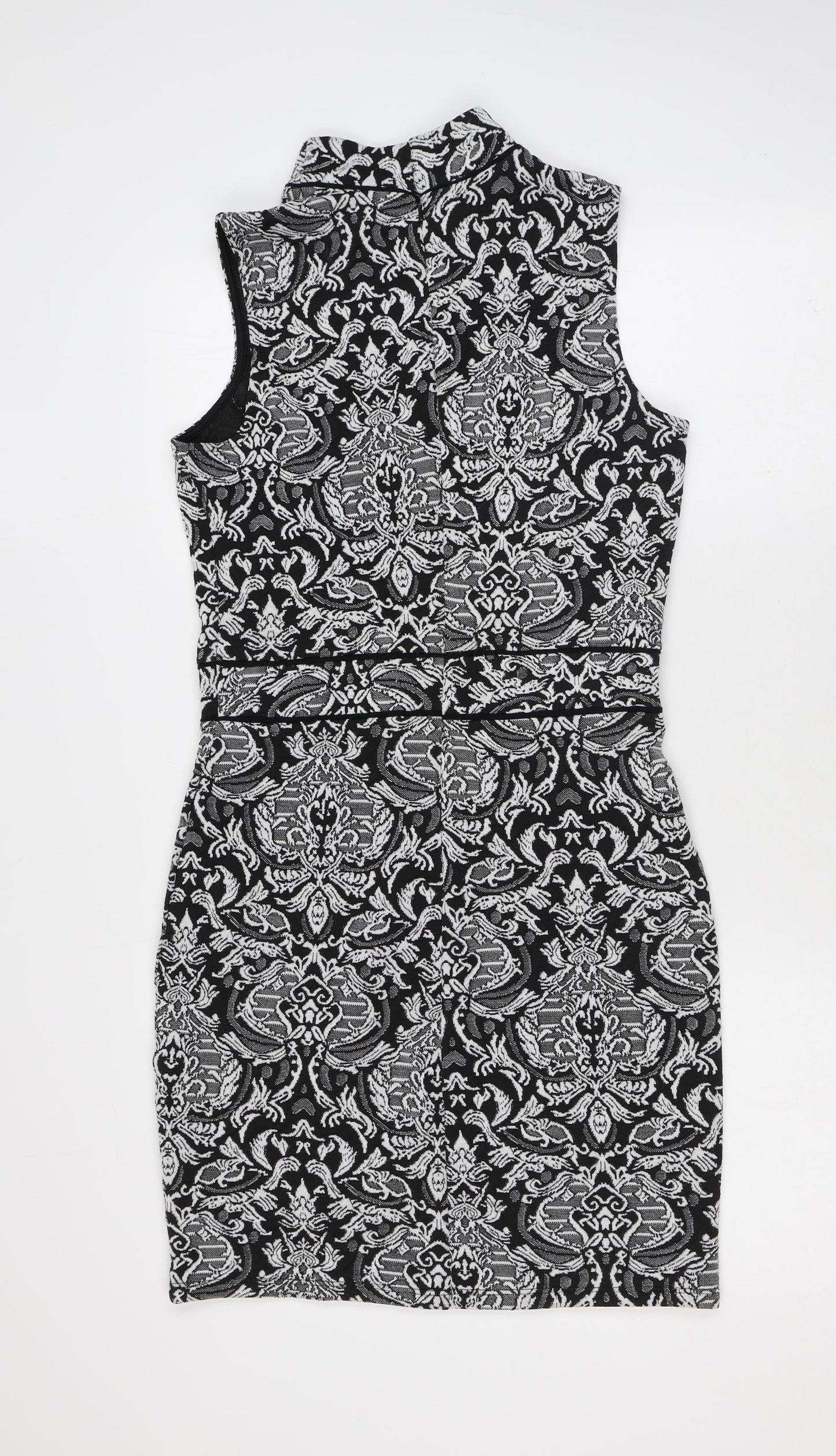Miss Selfridge Womens Black Geometric Polyester Pencil Dress Size 10 Mock Neck Hook & Eye