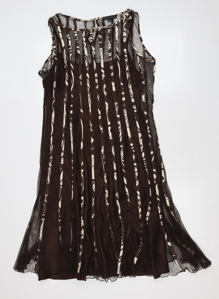 Sandra Darren Womens Brown Geometric Polyester A-Line Size 12 Round Neck Hook & Eye