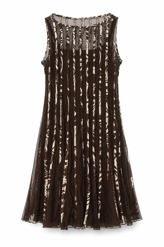 Front view of Sandra Darren women’s brown geometric polyester a-line, size UK 12, round neck hook & eye