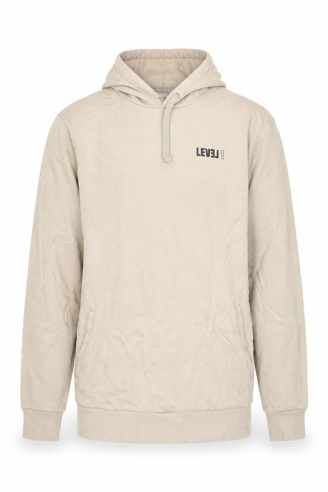 Front view of Level1 men’s beige cotton pullover hoodie, size M