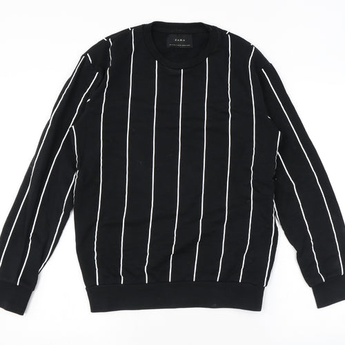Zara Mens Black Striped Polyester Pullover Sweatshirt Size S