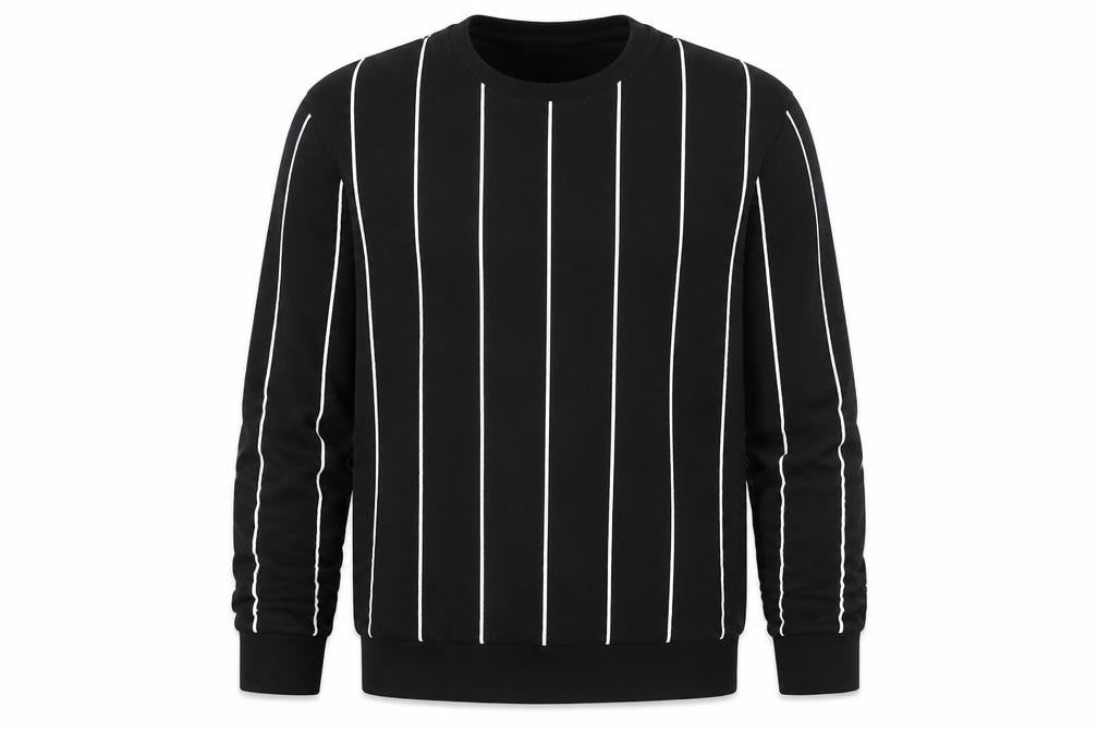 Front view of Zara men’s black striped polyester pullover sweatshirt, size S