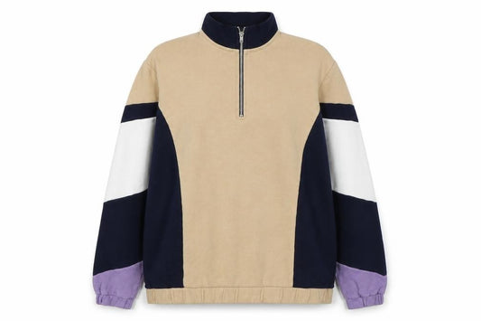 Front view of ASOS women’s beige colourblock cotton pullover sweatshirt, size M, zip - half zip
