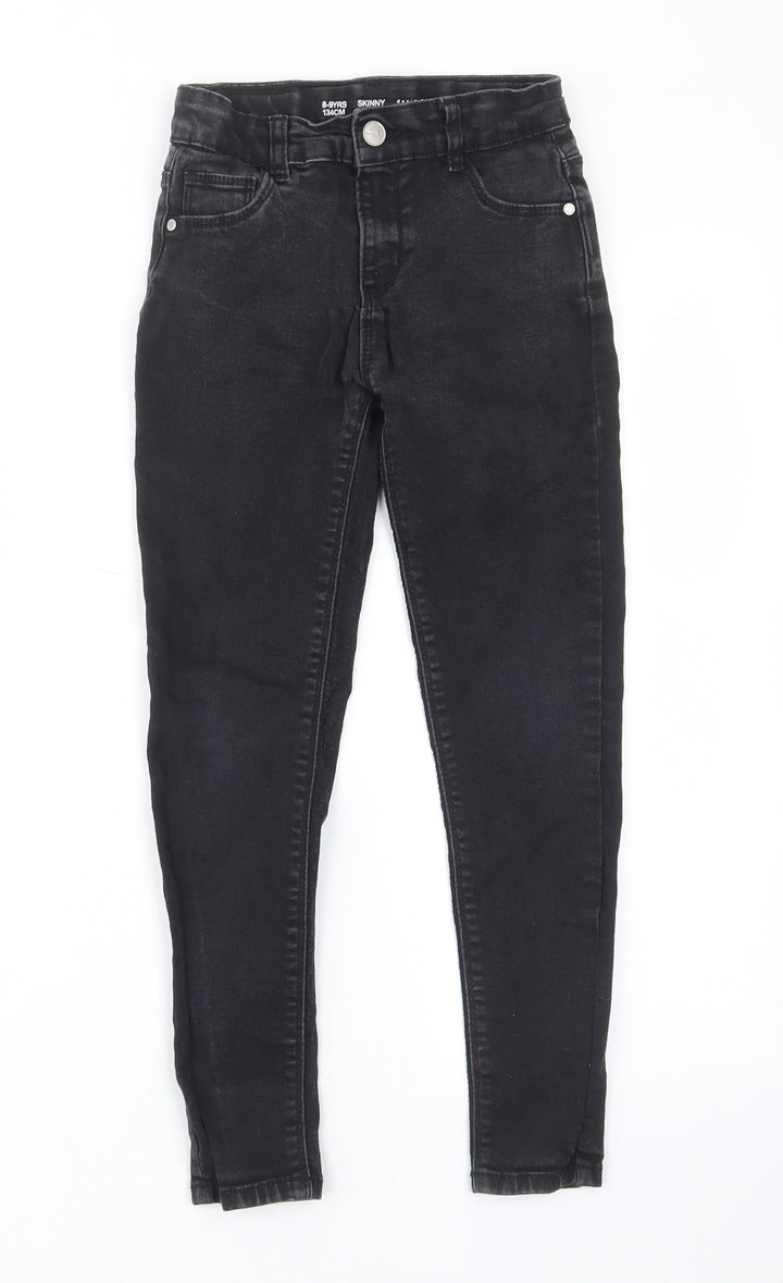 Denim & Co. Girls Black Cotton Skinny Jeans Size 8-9 Years L21 in Regular Zip - Pockets, Belt Loops