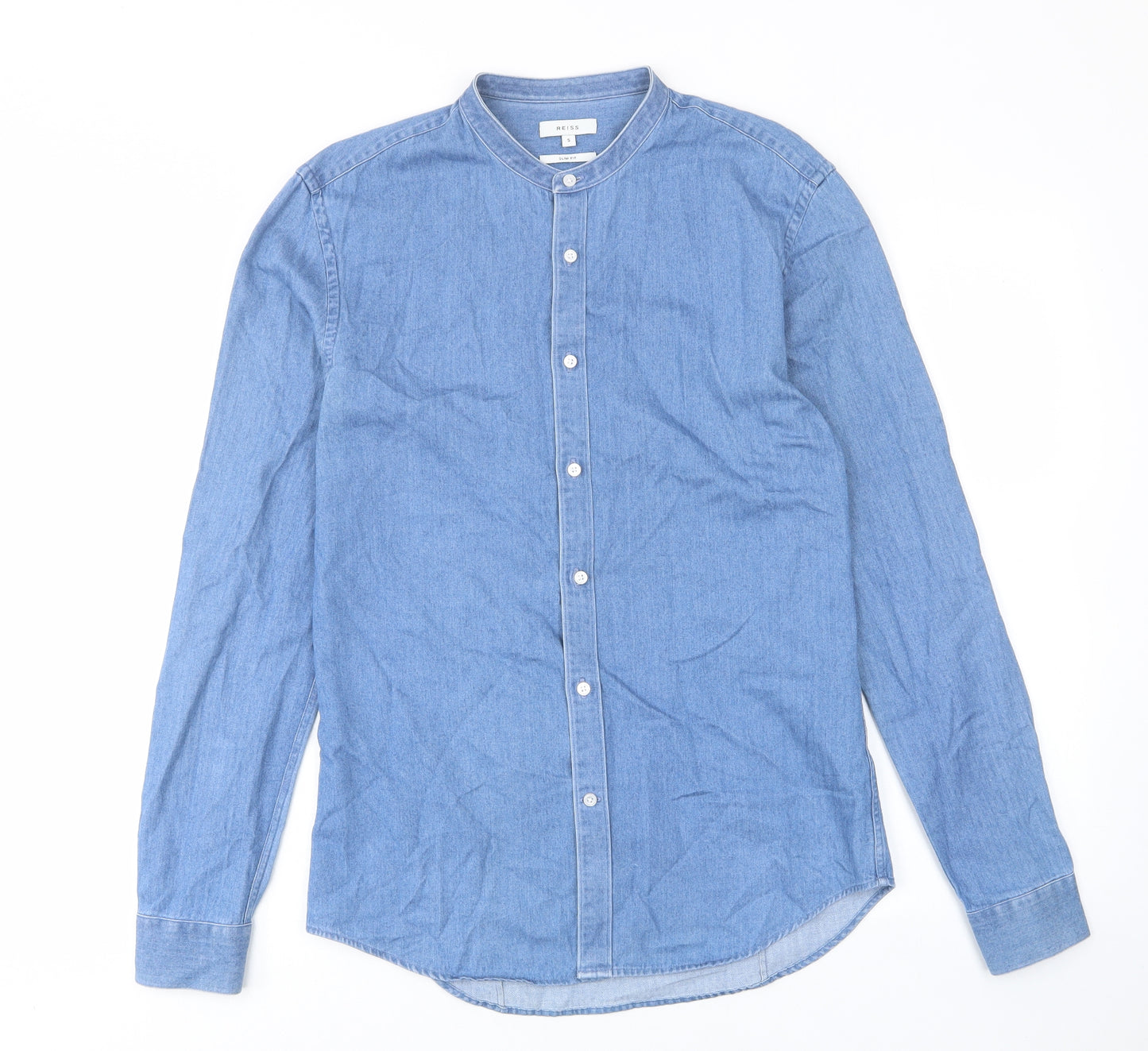 Reis Mens Blue Cotton Button-Up Size S Crew Neck Button