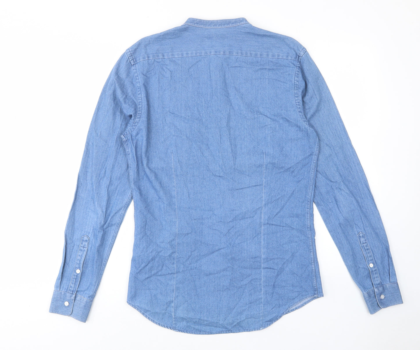 Reis Mens Blue Cotton Button-Up Size S Crew Neck Button