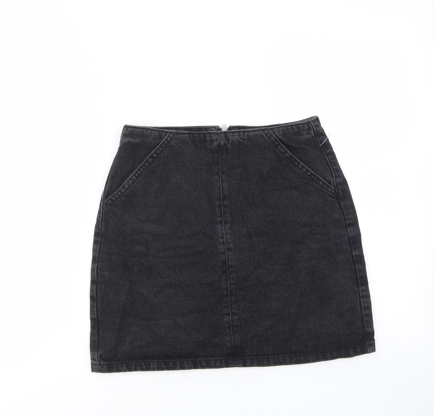 Topshop Womens Black Cotton A-Line Skirt Size 8 Zip - Pockets