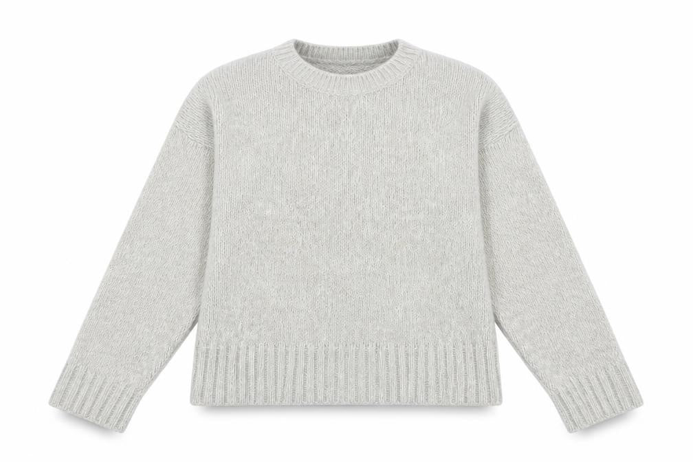 Front view of New Look women’s grey crew neck acrylic jumper, size S