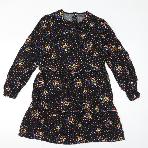 Marks and Spencer Womens Black Floral Viscose Mini Size 10 Round Neck Button - Tiered Smock