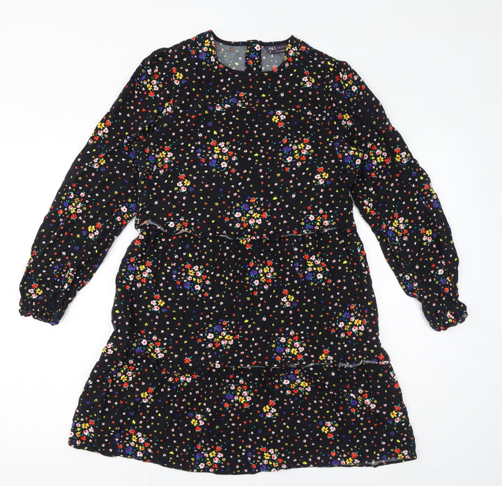 Marks and Spencer Womens Black Floral Viscose Mini Size 10 Round Neck Button - Tiered Smock