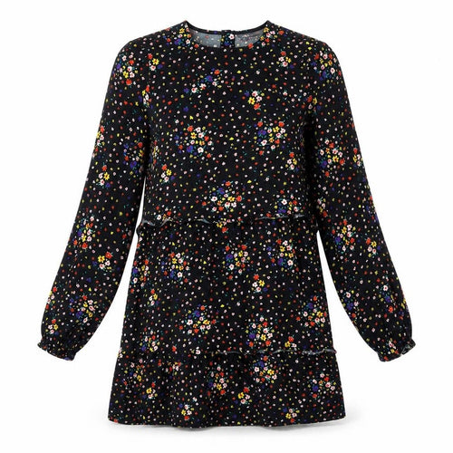 Marks and Spencer Womens Black Floral Viscose Mini Size 10 Round Neck Button - Tiered Smock