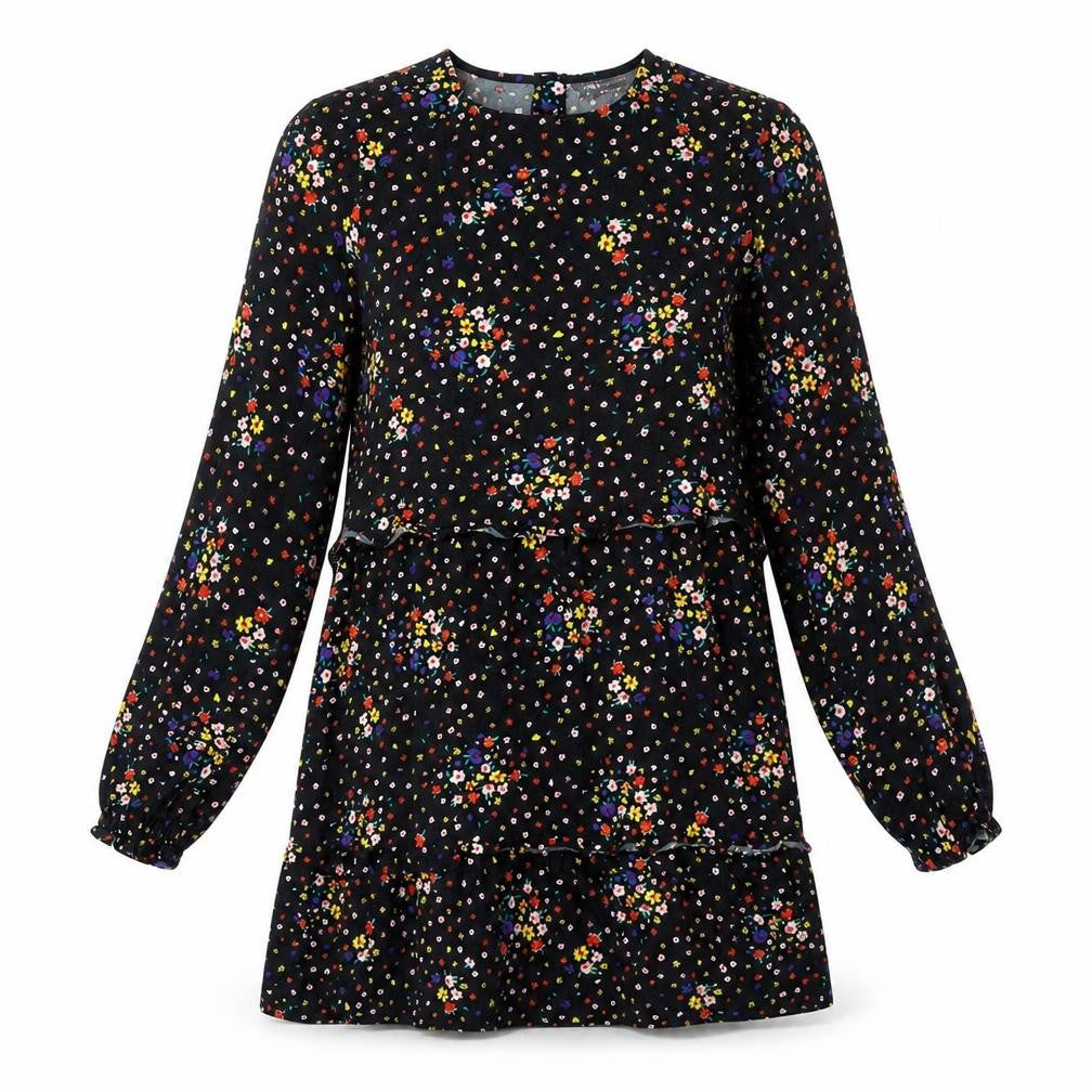 Marks and Spencer Womens Black Floral Viscose Mini Size 10 Round Neck Button - Tiered Smock