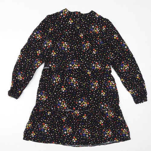 Marks and Spencer Womens Black Floral Viscose Mini Size 10 Round Neck Button - Tiered Smock