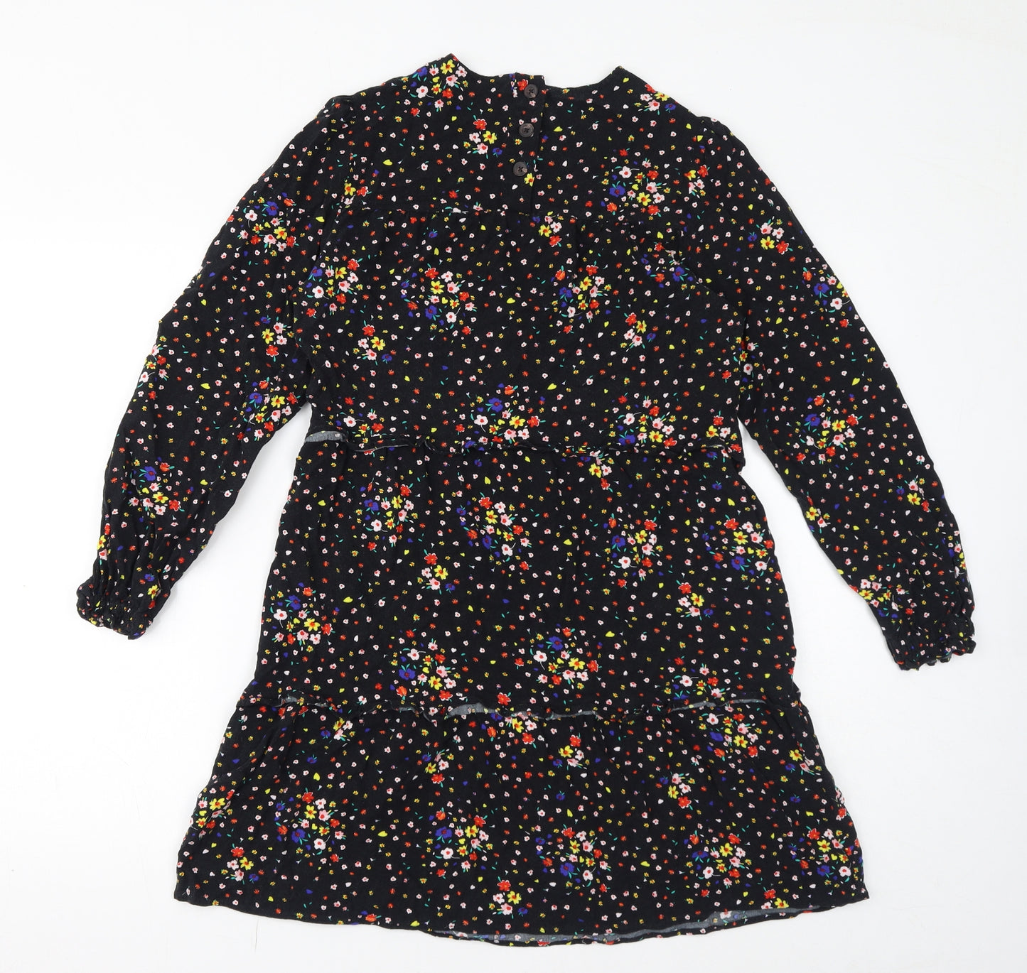Marks and Spencer Womens Black Floral Viscose Mini Size 10 Round Neck Button - Tiered Smock