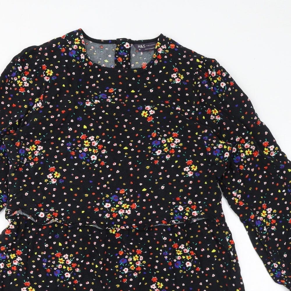 Marks and Spencer Womens Black Floral Viscose Mini Size 10 Round Neck Button - Tiered Smock