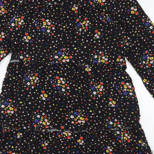 Marks and Spencer Womens Black Floral Viscose Mini Size 10 Round Neck Button - Tiered Smock