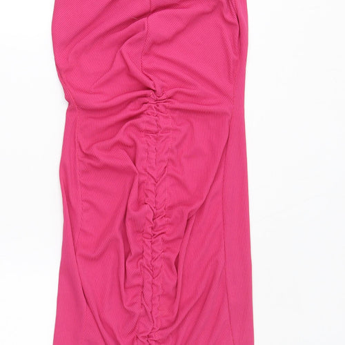 PRETTYLITTLETHING Womens Pink Polyester Bodycon Size 8 Halter Pullover - Ribbed Ruched Front