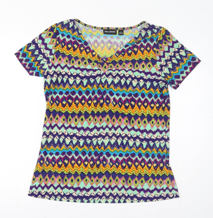 Nina Leonard Womens Multicoloured Geometric Polyester Basic T-Shirt Size L V-Neck