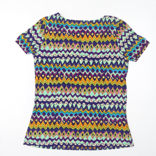 Nina Leonard Womens Multicoloured Geometric Polyester Basic T-Shirt Size L V-Neck