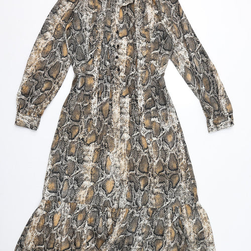 Zara Womens Brown Animal Print Polyester Maxi Size S Mock Neck Button - Snake Print