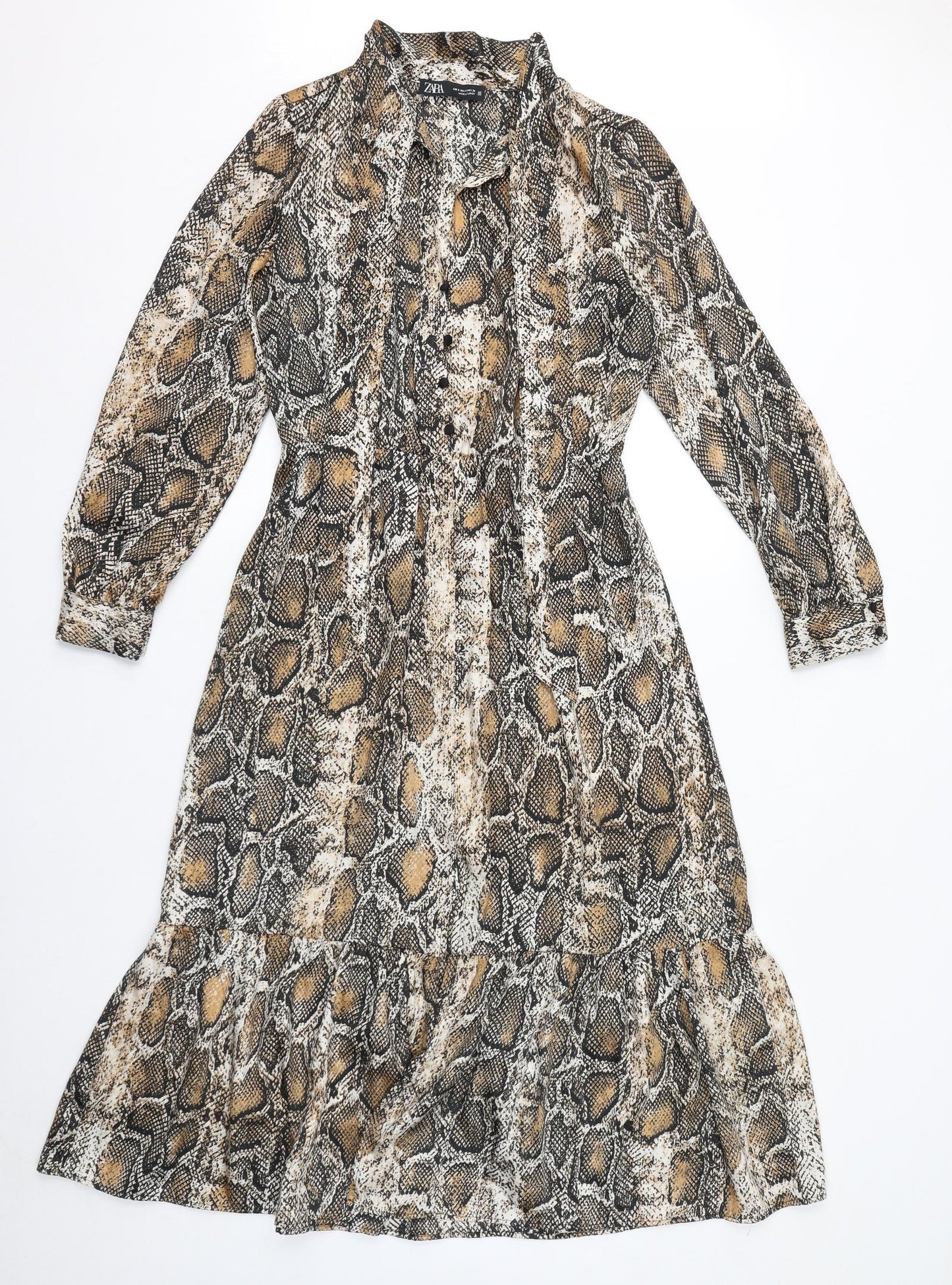 Zara Womens Brown Animal Print Polyester Maxi Size S Mock Neck Button - Snake Print