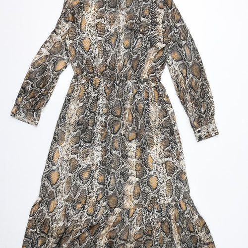 Zara Womens Brown Animal Print Polyester Maxi Size S Mock Neck Button - Snake Print
