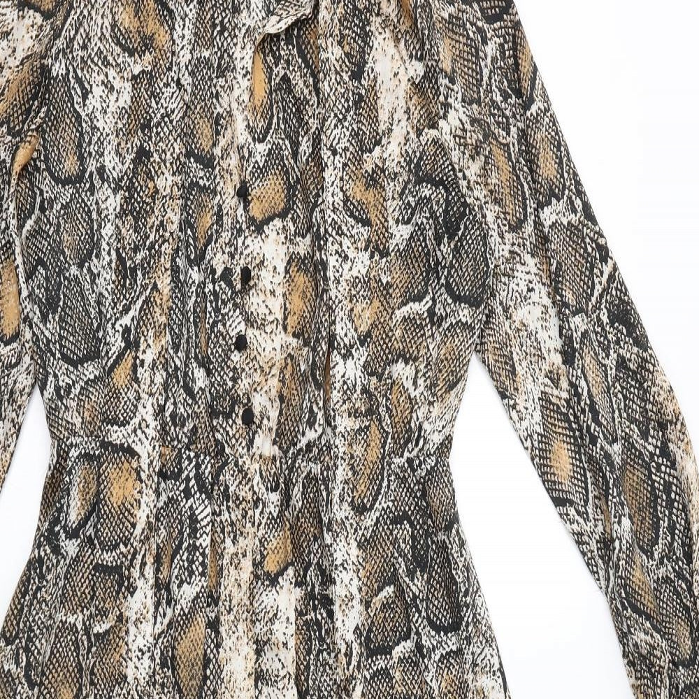 Zara Womens Brown Animal Print Polyester Maxi Size S Mock Neck Button - Snake Print