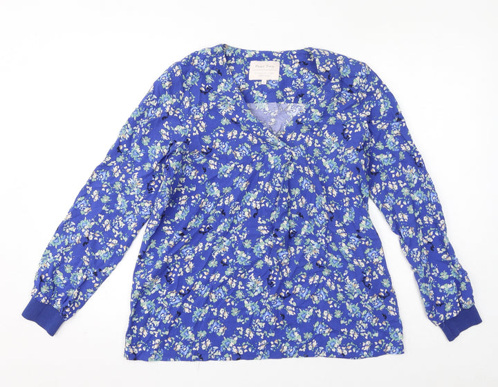 Part Two Womens Blue Floral Viscose Basic Blouse Size 4 V-Neck