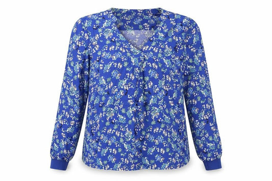 Front view of Part Two women’s blue floral viscose basic blouse, size UK 4, v-neck