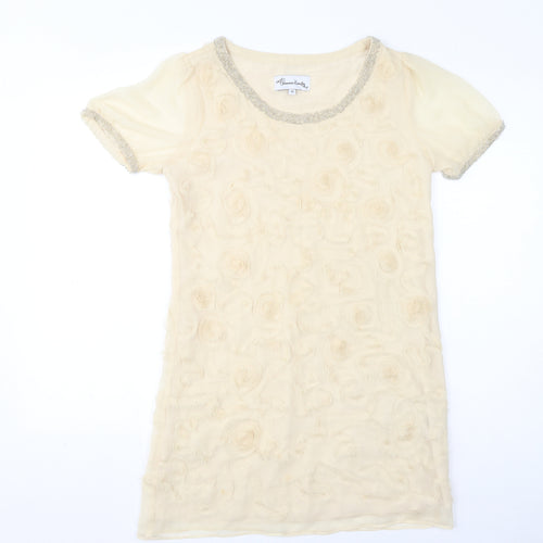 Jovanna London Womens Beige Silk Mini Size 10 Scoop Neck Pullover - Beaded Neckline