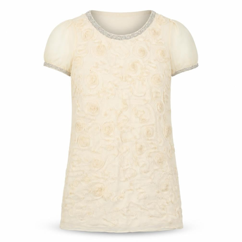 Jovanna London Womens Beige Silk Mini Size 10 Scoop Neck Pullover - Beaded Neckline
