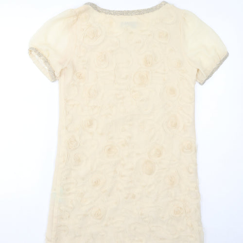 Jovanna London Womens Beige Silk Mini Size 10 Scoop Neck Pullover - Beaded Neckline