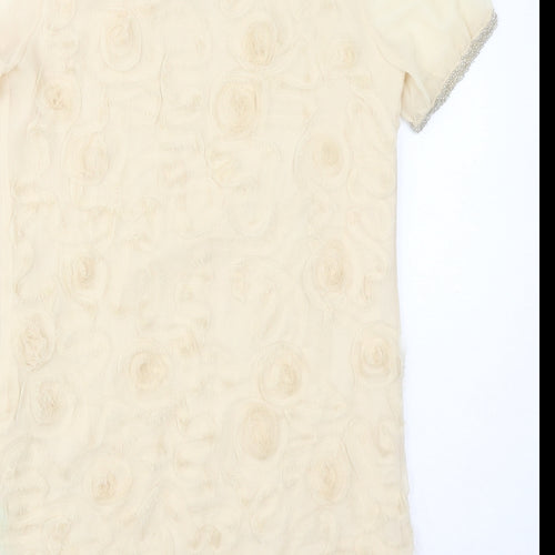 Jovanna London Womens Beige Silk Mini Size 10 Scoop Neck Pullover - Beaded Neckline