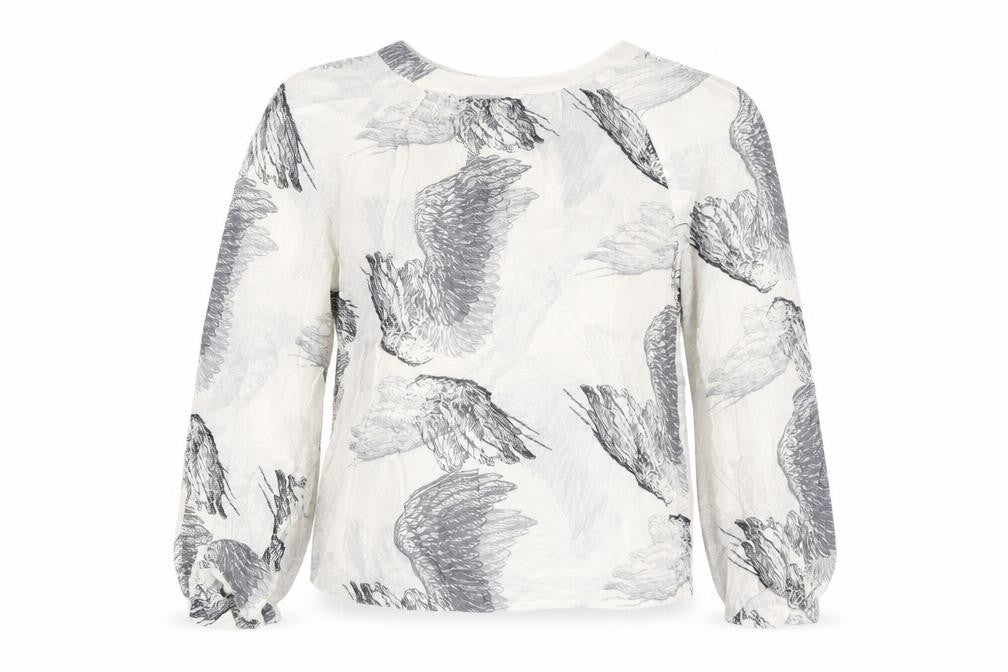 Front view of Topshop women’s grey geometric viscose basic blouse, size UK 14, round neck - backless feathers