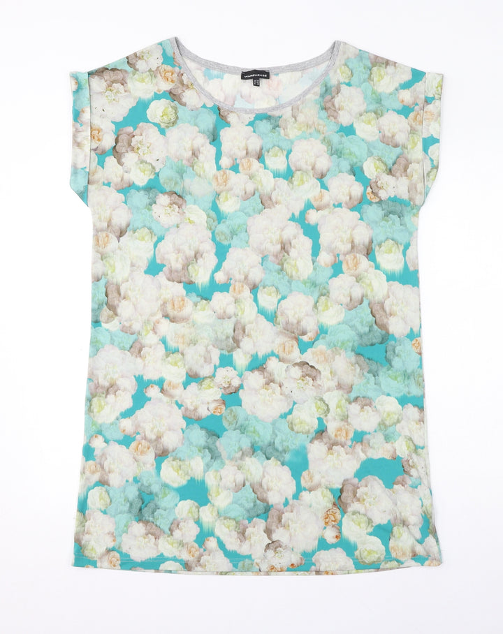Warehouse Womens Blue Floral Polyester T-Shirt Dress Size 14 Round Neck Pullover