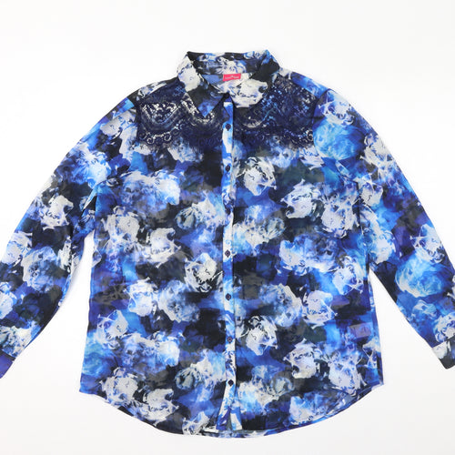 Together Womens Blue Geometric Polyester Basic Button-Up Size 12 Collared - Lace Detail Abstract